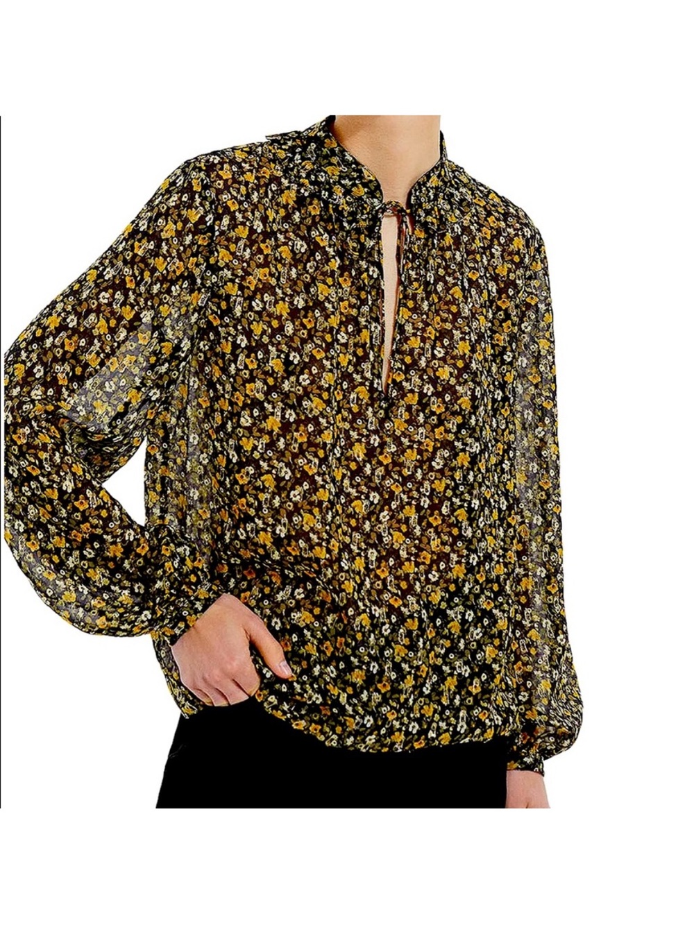 The Kooples Paris Black Floral Tie-Neck Long-Sleeve Blouse